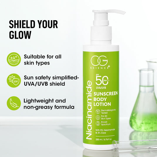 OG BEAUTY SCIENCE SPF 50 PA+++ Sunscreen Body Lotion with Niacinamide & Cica-Dermatologically Tested - Broad Spectrum 200 ML